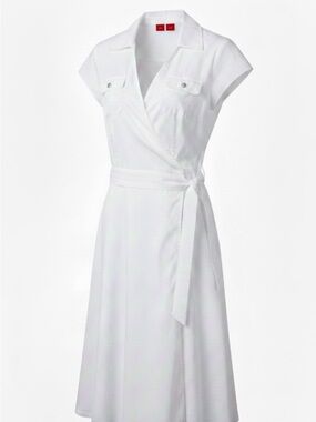 Esprit White Flax Linen Blend A-Line V Neck Crossover Belted Dress Size 12